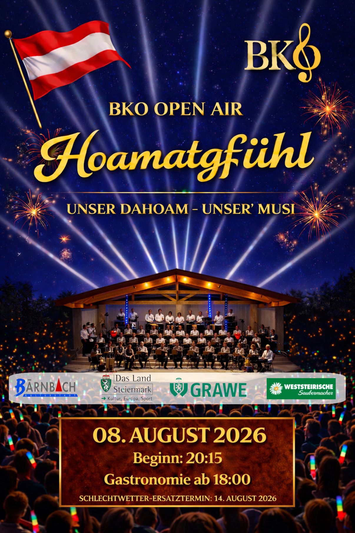 Flyer für das Open Air Konzert der BKO am 08.08.2026 mit dem Motto Hoamatg'fühl.